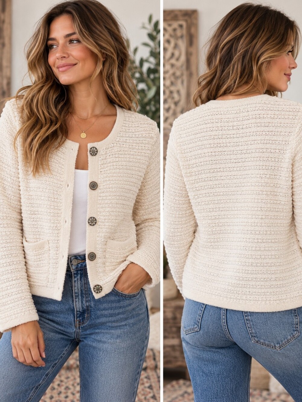 Lucky Brand Cream Cotton Textured Knit Cardigan Boho Button Sweater M